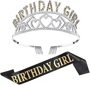 Party Propz Black Birthday Girl Sash and Crown for Decorations Items/ Birthday Gifts for Best Friend Girl/One Year, 2nd, 13th, 16th, 18th, 20th, 21st, 25th,30th, 35th Bday Girls Diamond Headband