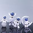 Astronaut Figurines Cake Topper Outer Space Birthday Cake Decoration Spaceman Model Display Miniature Astronaut Toys Set, Planet Rocket Pearl Balls and Star DIY Cake Toppers for Kids Party (4Pcs)