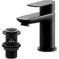 Black Basin Taps with Pop Up Waste, BATHWEST Modern Monobloc Chrome Brass Matte Black Bathroom Sink Taps for Basin with Drainer 922MB