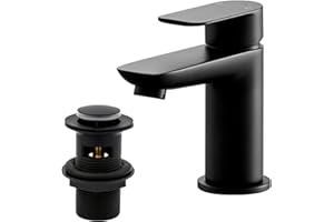 Black Basin Taps with Pop Up Waste, BATHWEST Modern Monobloc Chrome Brass Matte Black Bathroom Sink Taps for Basin with Drainer 922MB