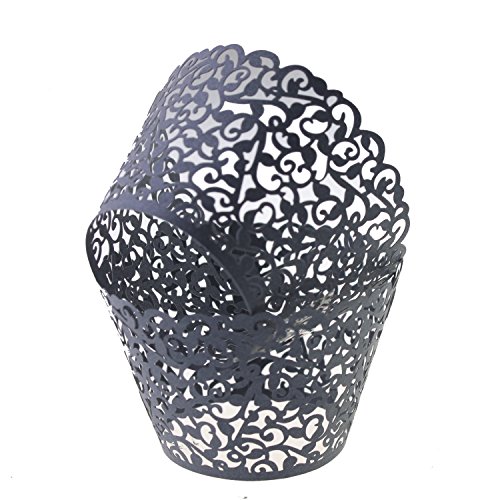 yuyikes 100 filigranen Artistic Backen Kuchen Pappbecher Little Vine Spitze Laser Schnitt rutschsicher Cupcake Wrappers Backförmchen Muffin Halter Schutzhülle für Hochzeit Geburtstag Party Dekoration, schwarz - 2