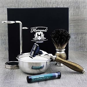 Haryali London Shaving Kit - 6pcs Gold antique - Shaving Set - Badger Shaving Brush - 3 edge Shaving Blade Shaving Razor… - Image 3