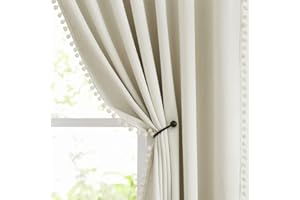 Treatmentex Cortinas Beige Opacas con los Pompones Lindos para Casa, Hotel, Cafetería, Restaurante.140 Centímetros de Ancho, 260 Centímetros de Alto. 2 Paneles con Ojales