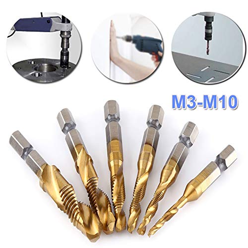 P12cheng Step Drill Bits,6Pcs M3-M10 Titanium Coated HSS 1/4 inch Hex Shank Screw Thread Tap Drill Bits - Golden