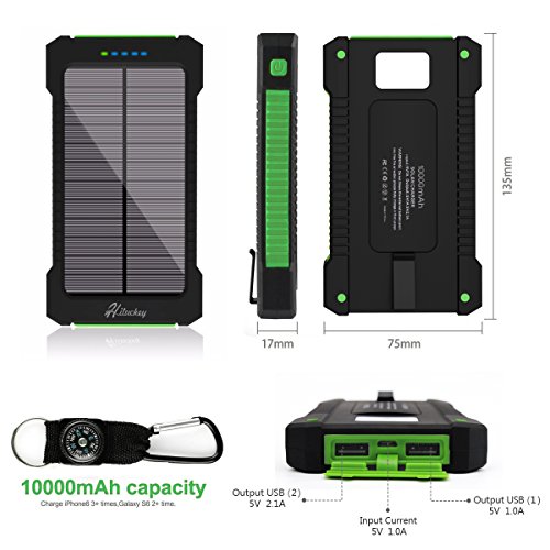 Hiluckey Caricabatterie Portatile 10000mAh Dual USB Batteria Esterna Ricarica Rapida - Solare Power Bank LED Torcia periPhone 6/7plus iPad,Samsung, Huawei, Asus, HTC smartphone Android, ( Impermeabile Antiurto )