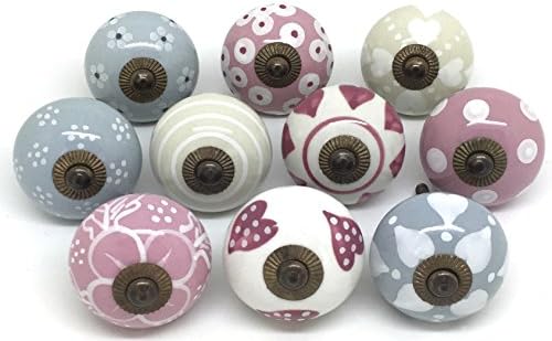 FP39 Set of 10 Vintage Style Slate Grey, Pink, &amp; White Ceramic Door Knobs by These Please
