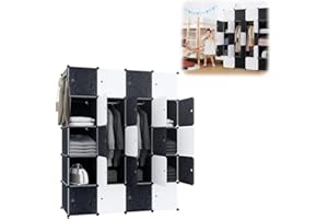 YUENFONG Kleiderschrank Regalsystem aus 20 Würfeln PP Material, Garderobenschrank mit Türen Tragbarer Steckregalsystem, für bücher Kleidung Spielzeug(Schwarz und Weiß)