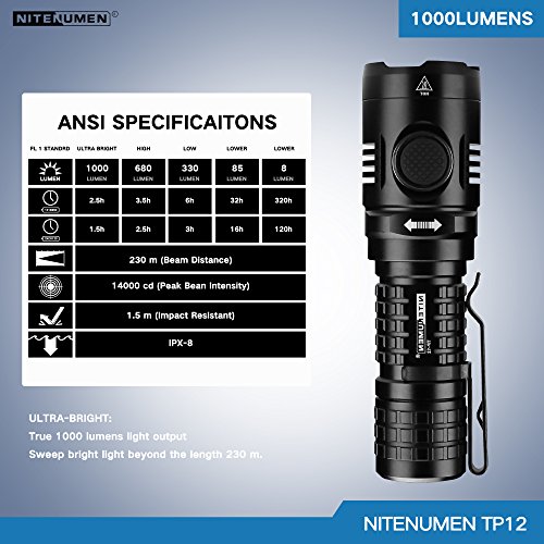 Das Set für USB aufladbare Taschenlampe wiederaufladbare wasserdichte Taschenlampe,professionelle Ultra-Bright 1000 Lumen von CREE XP-L V5 Taschen-Größe LED-Taschenlampe,5 Licht-Modi-NITENUMEN TP12 - 8