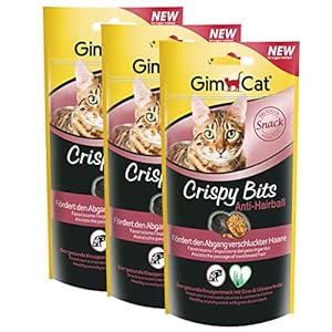 GimCat Crispy Bits – Snack crujiente de carne para gatos, con ingredientes funcionales – Sin azúcar añadido – Antibolas de pelo – 3 bolsas (3 x 40 g)