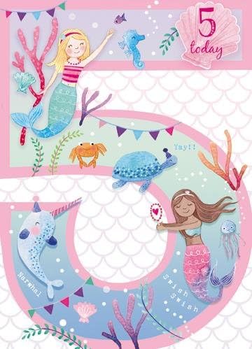 Greeting Card (GBCC8349) Female Birthday - Age 5 - Mermaids - Flitter Finish