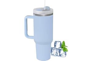 Hrobig Thermobecher mit Strohhalm und Henkel, 1180ml 40oz Kaffeebecher To Go mit Deckel, Doppelwandiger Edelstahl Vakuum Isolierbecher, Tragbare Autobecher für Kalte Heiße Getränke - Blau