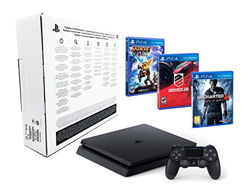 PS4 Slim 1TB PACK FAMILIAR de 3 Juegos: Ratchet & Clank, Uncharted 4, Driveclub