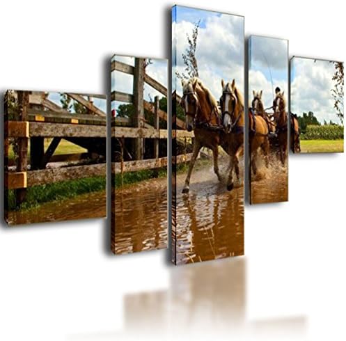 XL Parted Canvas Picture Wall Art Split Multi Panel Framed Modular Living Room - 5 panel Animals Horses Pulling Carriage 130cm x 70cm 2180
