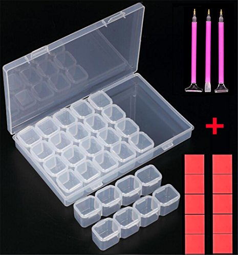 28 Grids Diamond Storage Box, Kalolary Storage Case for Diamond Painting Rhinestone, Mosaic kits, Diamond Stones Dividers Box Organizer (3xDiamond Stitch Pen, 10x Glue)