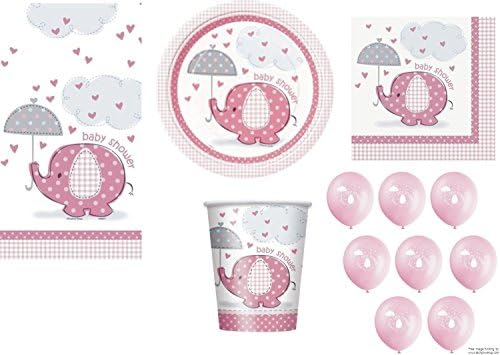 2XPINK FOR GIRL BABY SHOWER PARTY TABLEWARE PACK UMBRELLAPHANTS DESIGN NAPKINS PLATES CUPS TABLECOVER BALLOONS 57 ITEMS