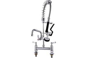 POUGEO Commercial Pre-Rinse Kitchen Sink Taps with Pull Down Sprayer 7 Inch Center Mixer Faucets Dish Washing Brass Constructed Polished Chrome 7"Center Deck Mounted add-on 8" Swing Spout,5809