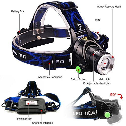Lightess LED Stirnlampe Kopflampe Licht, super helle XM-L T6 LED-Scheinwerfer-Scheinwerfer 2000 Lumen-Sicherheits-Licht für das Durchlaufen Wandern Camping Angeln [3 Helligkeitsgrad ] mit verstellbarem Kopfbügel Zoom Wasserdicht Wiederaufladbare-Kopf-Licht-Fackel-Lampe - 2