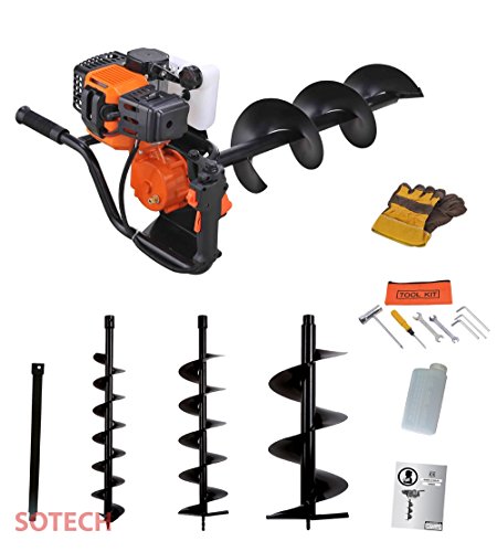 Sotech Tarière Thermique, Outils à Essence 52cc, 3 CV, 2 Temps, Diamètre des 3 Forets (100 mm, 150 mm, 200 mm), avec Rallonge, Tarière à Essence pour Jardin, Ferme (Orange)