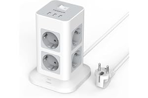 TESSAN Regleta Enchufes Proteccion Sobretension 3600W 16A, Regleta USB 8 Tomas de AC Corrientes y 3 USB, Torre Enchufes Vertical con Cable 2M, Regreltas con Interruptor Gris para Mesa, Oficia, Casa
