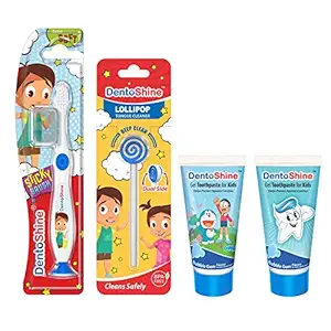 DentoShine Oral Care Combo Ages 2+ (Sticky Toothbrush for Kids + Lollipop Tongue Cleaner + Flavored Toothpaste 80 g x 2) (Bubble Gum)