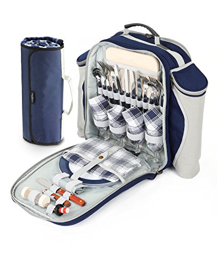 Greenfield Collection Deluxe - Mochila de Picnic Hamper para Cuatro Personas en Azul Marino con a Juego Manta de Picnic - Mochila Equipada Rango