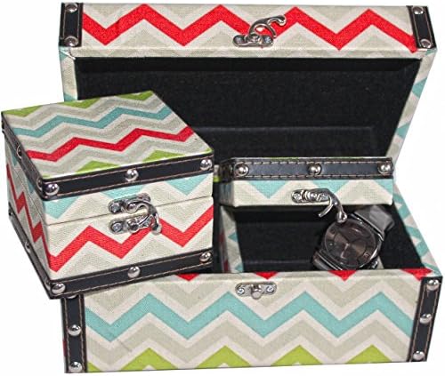 Set of Three Chevron Print Fabric Covered Trunk Boxes In Multi-Colour Patterns, Comes With Vintage Metal Rivets and Faux Leather Straps