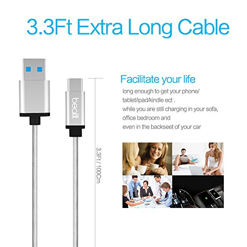 Beatit USB Typ-C Kabel–Lifetime Guarantee–Nylon Braided USB Type C Cable Quick Charge and Data Sync 3.0A Current Full Speed USB C To USB 3.0 With Reversible Connector for New Macbook pro , Nexus 6P/5X, One Plus 2/3, Nokia N1, Google ChromeBook Pixel,Huawei p9 Mate 9 pro (3.3ft Sliver) - 3