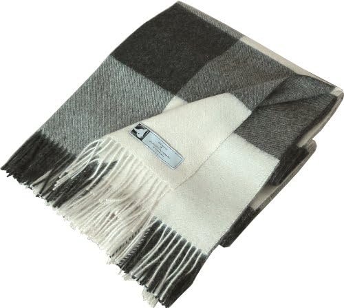 Baby Alpaca Blanket, Exceptionally Soft Touch, with Dark Grey, Creamy Grey and Cream Squares (19 cm), Woollen Blanket with Cream-Coloured Fringe, 130 x 200 cm