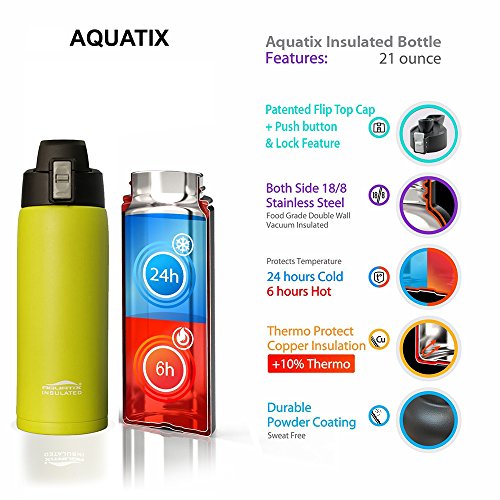 Aquatix (Lime Green, 21 Ounce) Pure Stainless Steel Double Wall Vacuum Insulated Sports Water Bottle with Convenient Flip Top - Keeps Drinks Cold for 24 Hours, Hot for 6 Hours
