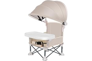 QIKAM Chaise de Camping pour Bébé, Chaise Plage Bebe avec Plateau Amovible et Parasol, Chaise Bebe Pliante, Rehausseur Chaise Enfant, Chaise d'alimentation pour Bébé Pliable, Chaise Haute Bébé