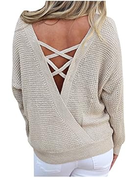 Issza Damen Casual Langarm Rückenfrei Beide Seiten Tragen Strickpullover Lose Oberteil Bluse Top