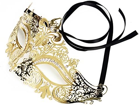 MoonLi Elegance Diamante Luxury Venetian Style Sexy Appeal Laser Cut Metal Filigree Masquerade Mask with White Rhinestone (Queen Gold)