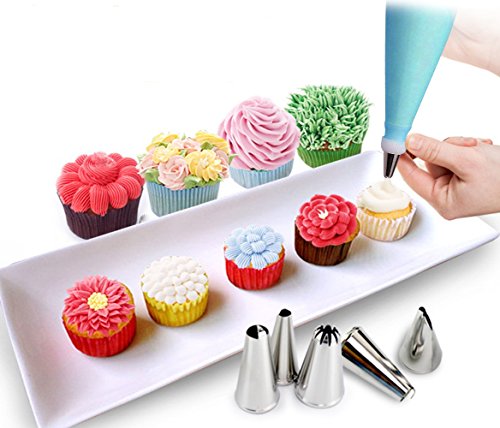 [45 Stück Set] Ipow 40 Edelstahl Spritztüllen Set + 3 wiederverwendbare silikon Spritzbeutel + 2 kunststoff Kupplungen, Tortendeko Zubehör für Biskuit, Keks, Schokolade, Cupcake, Kuchen etc. - 2