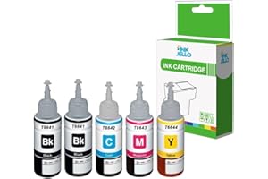 InkJello Ink Bottle Refill for Printer, Compatible with Epson ET-14000 ET-2500 ET-2550 ET-2600 ET-2650 ET-3600 ET-4500 L355 L555 Black, Cyan, Magenta, Yellow (5-Pack)
