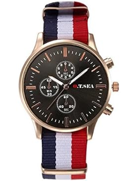 Damen Quarz Analog gestreiftes Nylon Band Mode Armbanduhr Schwarz Blau&Weiß&Rot