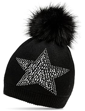 CASPAR MU159 Damen Fein Strick Winter Mütze mit Fellbommel und Glitzer Strass Stern