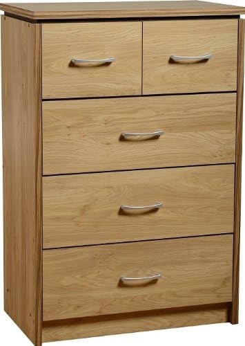 Seconique Charles 3+2 Drawer Chest - Oak Effect Veneer with Walnut Trim