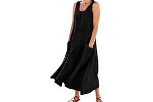 SURTTAN Abito estivo da donna in lino, casual, con scollo a V, a maniche corte, linea ad A, per il tempo libero, in cotone e lino, oversize, abito bohémien, vestito casual, vestiti elegante, abiti estivi