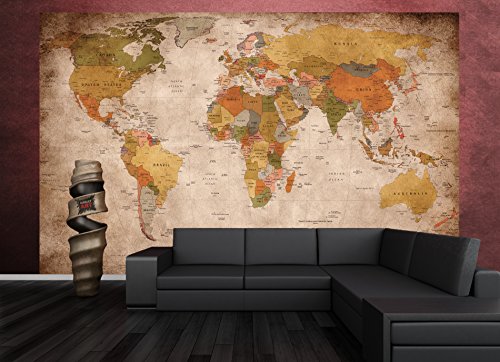 Fototapete used look Wandbild Dekoration Globus Kontinente Atlas Weltkarte retro old school vintage map Weltkugel Geografie I Foto-Tapete Wandtapete Fotoposter Wanddeko by GREAT ART (336 x 238 cm) - 2
