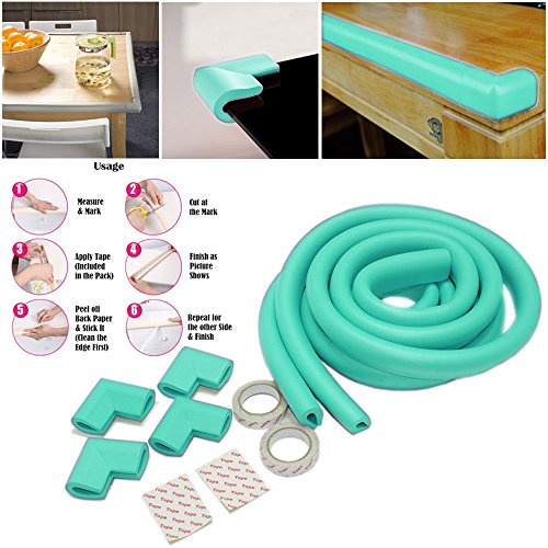 JJOnlineStore - 4M (2 X 2M) Desk Table Edge Guard Baby Toddler Protector + 4 Corners Soft Non-Toxic Environmental Friendly Cushions Protection (Blue )
