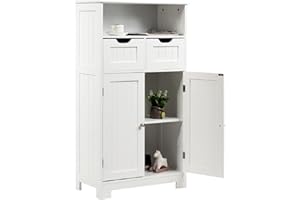 CASART Bathroom Floor Cabinet, Wooden Storage Cupboard with Adjustable Shelf & Doors, Freestanding Side Cabinet Storage Organizer for Bathroom Kitchen Living Room (White)