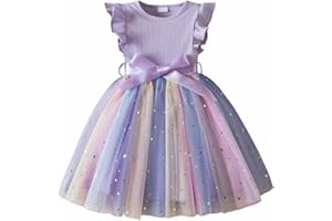 JiAmy Girls' Dresses Ribbed Knit Tulle Dresses Sequin Spring Flying Sleeves Rainbow Kids Dress for 1-6 Years Old