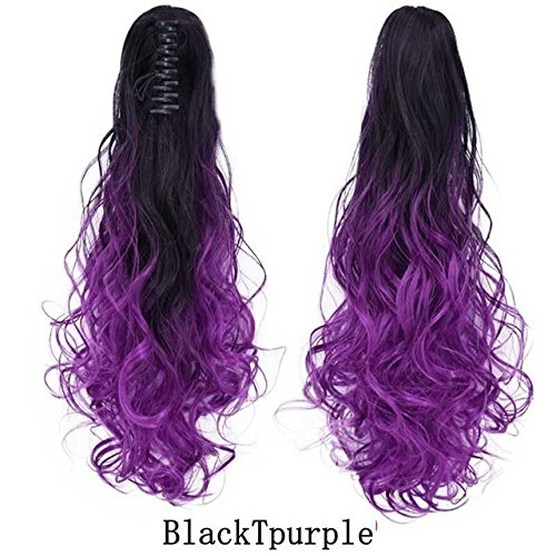 PREOQ, extensions de cheveux, longue griffe ondulée sur queue de cheval de 55,9 cm, bicolore (noir/violet)