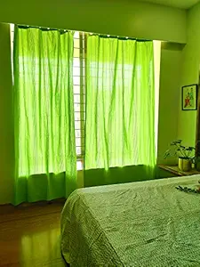 RANGBHAR Handloom Solid Cotton Curtain for Door and Windows with Eyelets, Solid, Green, 4 x 7 FT, Pack of 3