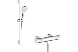 hansgrohe Crometta - Duschset mit Thermostat Ecostat 1001 CL, runder Duschkopf mit Brausestange 65cm, Duschkopfhalterung und Brauseschlauch 1,60m, Duschbrause mit 2 Strahlarten, Weiß/Chrom