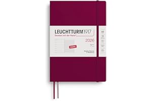 LEUCHTTURM1917 372674 agenda e quaderno settimanale Medio (A5) 2026, Copertina morbida, Port Red, Inglese