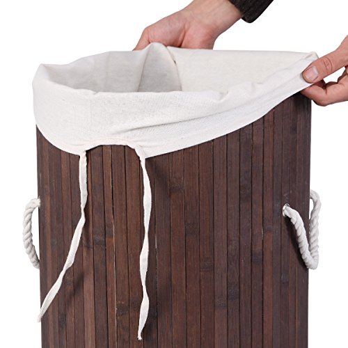 Wäschekorb Wäschekörbe Wäschebox Wäschetruhe Wäschesammler Bambus mit Leinen Kleidersack Wäschetone Wäschewagen 57L (Braun) - 6