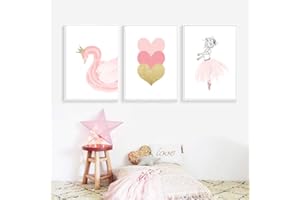 Nordic Ideas Juego de 3 Cuadros Infantiles Niño Pósteres Láminas Niña Cisne Corazón Rosa Impresiones sobre Lienzo Decoración Habitación Bebé pared Regalo Sin Marco NPTWC006-M