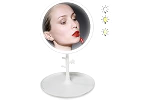 Ovker espejo cosmético con iluminación, pie de maquillaje antideslumbrante, 3 colores de luz LED, brillo regulable e interruptor táctil