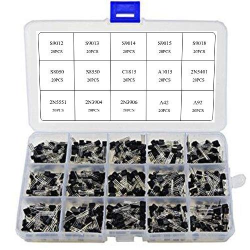 REES52 T0-92 Power Transistor assortment Kit NPN PNP Kit Set Three Pins 15 Values 300PCS (20pcs for each Value) with Clear Plastic Box